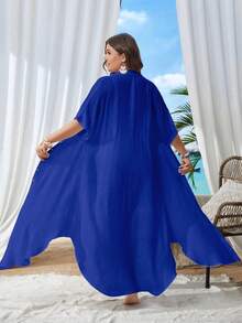 Swim Lushoire 大码夏季休闲度假前扣透视短袖和服 - 寶藍色 - 查看 2