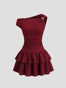 Sweetra Đầm nữ màu trơn xếp ly bất đối xứng nhiều lớp - Đỏ - Xem 1