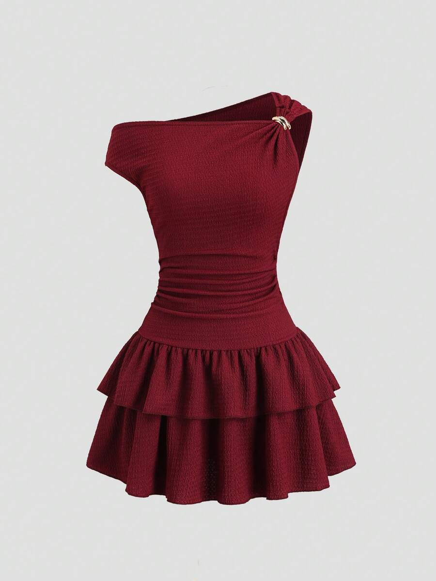 Sweetra Đầm nữ màu trơn xếp ly bất đối xứng nhiều lớp - Đỏ - Xem 1