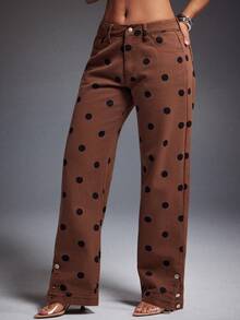 Denimoi Straight Let Button Detail Polka Dot Print Denim Jeans Fashionable Denim Brunch Outfits GNO - Brown - View 1