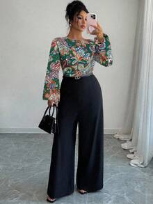 SHEIN Elenzya Bộ jumpsuit nữ cỡ lớn in họa tiết Paisley cổ điển, trễ vai, phối màu tương phản, ống rộng, phong cách thường ngày thanh lịch, phù hợp cho tiệc tùng, đi làm, bộ sưu tập xuân/hè mới về. - Nhiều màu - Xem 1