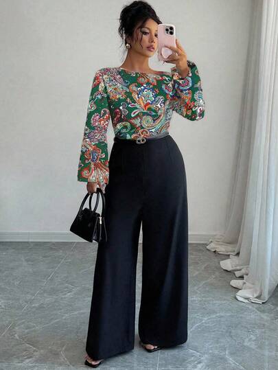 SHEIN Elenzya Plus Size Women's Vintage Paisley Print Off-Shoulder Patchwork Contrast Color Wide Leg Jumpsuit, Casual Chic For Daily, Party, Commute, Spring/Summer New Arrival