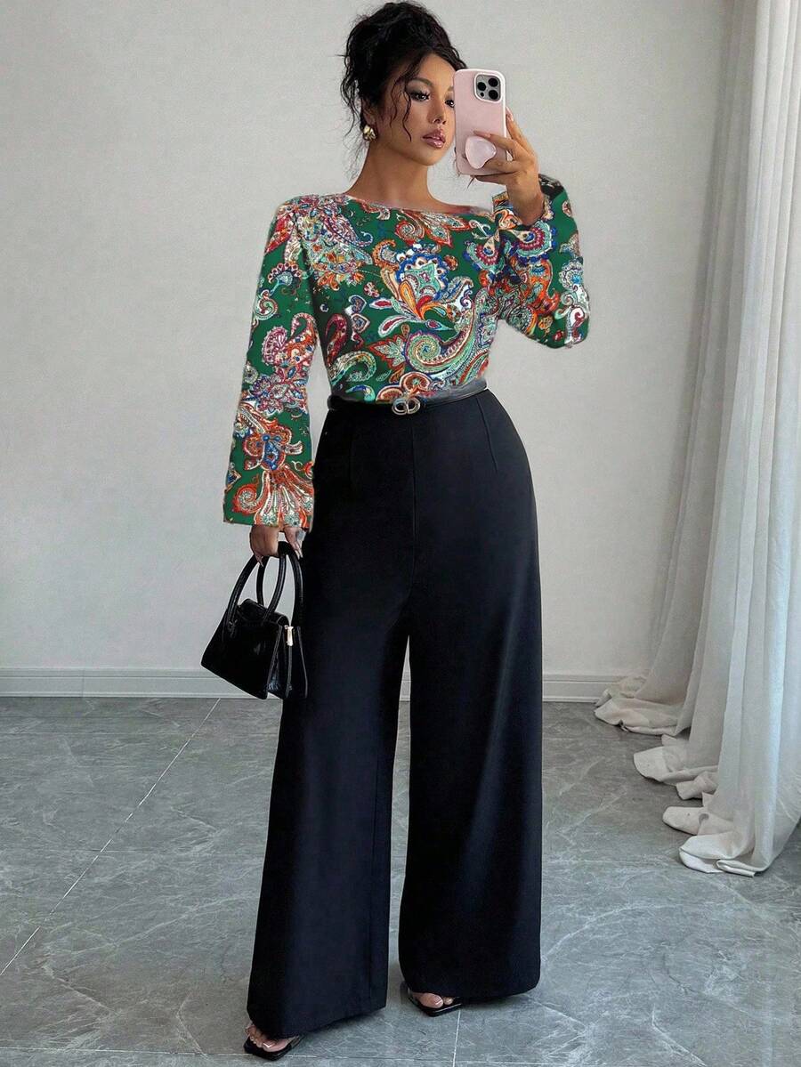 SHEIN Elenzya Bộ jumpsuit nữ cỡ lớn in họa tiết Paisley cổ điển, trễ vai, phối màu tương phản, ống rộng, phong cách thường ngày thanh lịch, phù hợp cho tiệc tùng, đi làm, bộ sưu tập xuân/hè mới về. - Nhiều màu - Xem 1