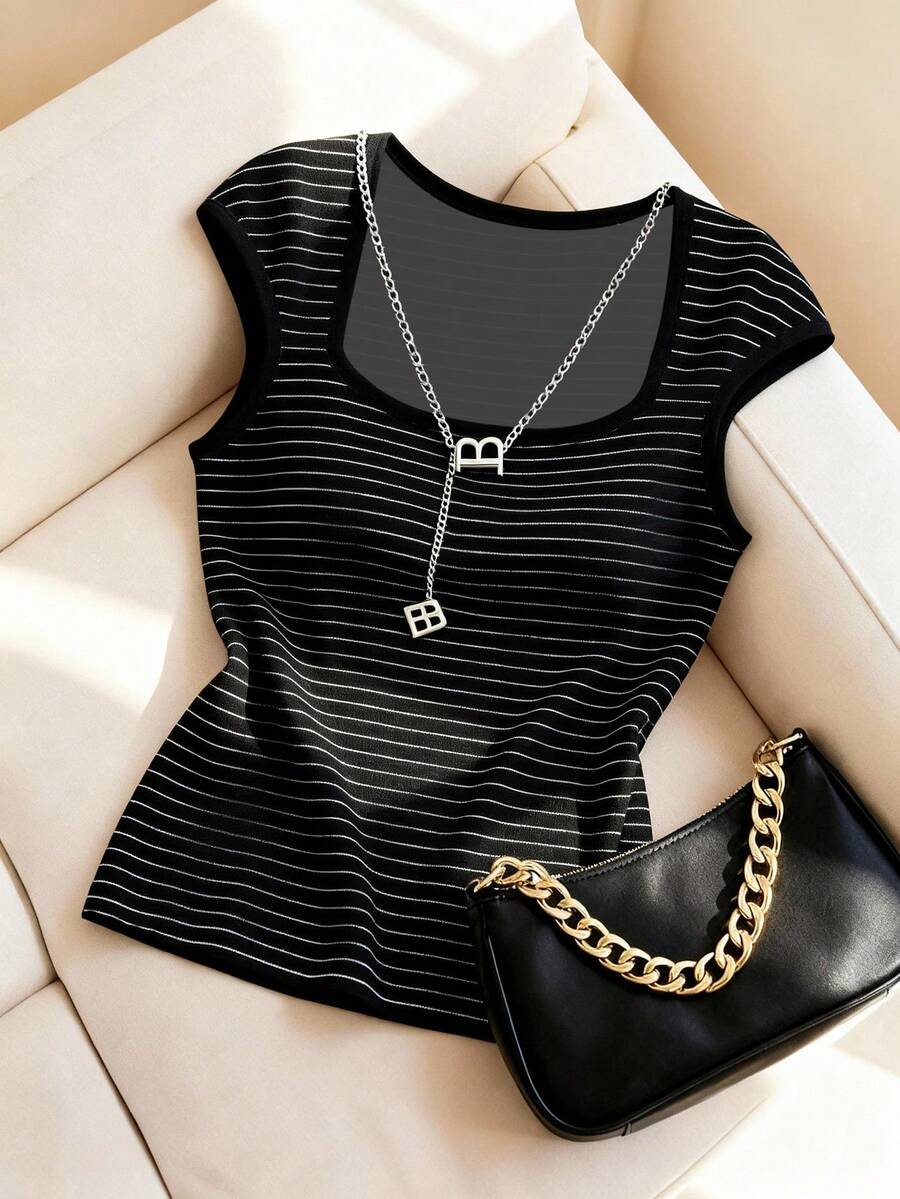 Resyla 条纹数码印花时尚简约圆领T恤，送朋友的礼物 - 彩色 - 查看 1