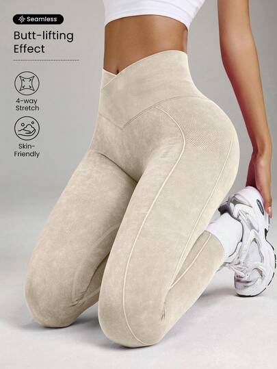 Core Rhythm Seamless High Elasticity Yoga Exercise Sports Criss-Cross Waist Sandwashed Sports Leggings