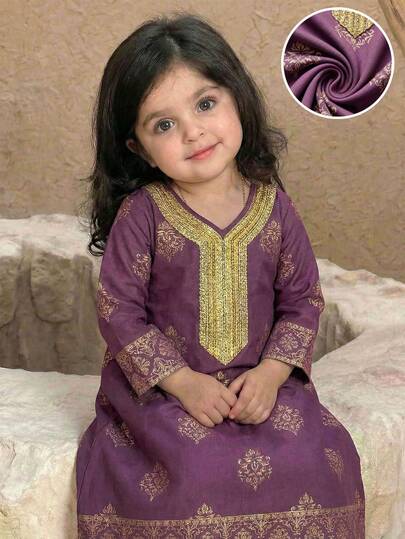 SHEIN Baby Girl Patchwork Ribbon Print Long Sleeve Dress, Autumn  Lilac, Gentle Taro Purple, Traditional Elegant Dignified Gold Floral Print, Baby Girls Casual Minimalist Traditional Arabic Dress Suitable For Spring/Summer Daily, Festivals, Outings, Elegant Dignified Long Sleeve Arabic Maxi Dress, Prayer Abaya, Easy Comfort, Casual Wear, Vacay Vibes, Modest Kaftan, Baby Girl Jalabiya