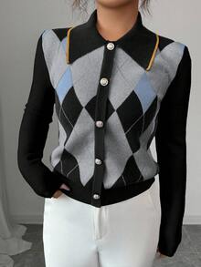 Elenzga 优雅的蓝白菱格纹翻领假门襟长袖针织衫，适合通勤和日常穿着，秋冬季款 - 黑色 - 查看 7