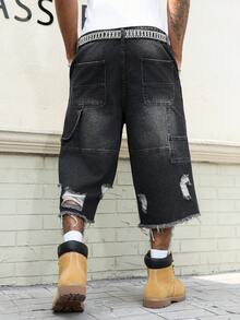 Manfinity EMRG Quần short denim đen nam kiểu dáng thường ngày, rách gấu. - màu đen - Xem 2