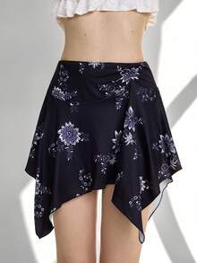 Ardnt American Chic Printed Pleated Skirt, Asymmetrical Hem Design, Flattering Silhouette, Casual & Fashionable For Summer - Black - View 3