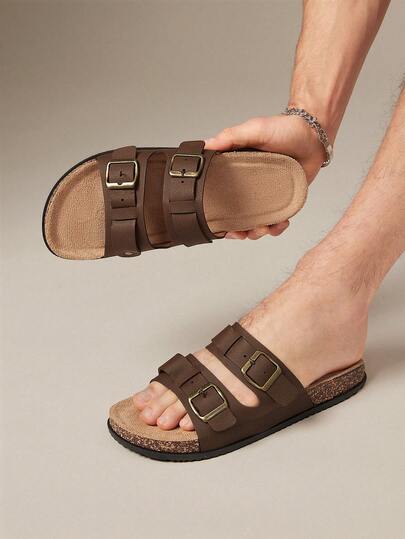 SHUZIA #ComfortCraft 男士双扣宽带软木鞋垫高级人造革咖啡色拖鞋 – 支撑性好、简约百搭