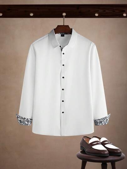 Core Aspect เสื้อเชิ้ตแขนยาวผู้ชาย พิมพ์ลายดอกไม้ปะต่อสี สำหรับสามี, ทำงาน, เสื้อเชิ้ตแฟชั่นสำหรับผู้ชาย, เสื้อเชิ้ตสำหรับผู้ชายสีขาว, เสื้อเชิ้ตหรูหราสำหรับผู้ชาย, สำหรับฤดูใบไม้ร่วง