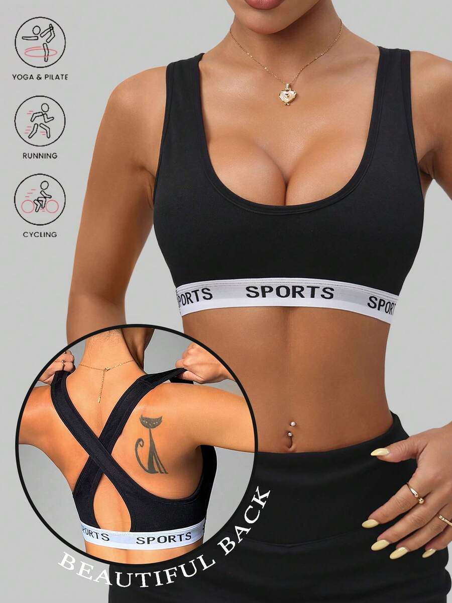 Slayform حمالة صدر رياضية للنساء بلون أحادي وياقة مستديرة وظهر متقاطع بشكل سلس للاستخدام اليومي - الأسود - مشاهدة 1
