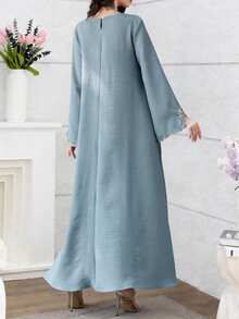 SHEIN Najma Embroidered Floral Trim Patchwork Long Sleeve Maxi Dress, Turkish & Arabic Traditional Style - Blue - View 3