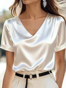 Balvessa Áo thun nữ thanh lịch, trang nhã, màu trơn, chất liệu vải pique, cổ chữ V, viền tay áo, thích hợp mặc đi làm vào mùa hè. - trắng - Xem 1