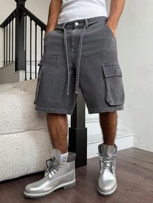 Manfinity EMRG 男士休闲多口袋抽绳腰灰色牛仔短裤，街头风 - 深灰色 - 查看 8