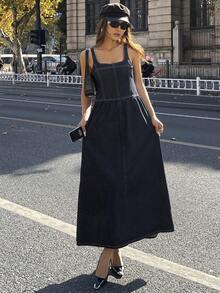 DAZY Vestido vaquero largo sin mangas y lavado casual para mujer - Azul - Ver 4