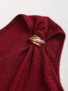 Sweetra Đầm nữ màu trơn xếp ly bất đối xứng nhiều lớp - Đỏ - Xem 4