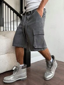 Manfinity EMRG 男士休闲多口袋抽绳腰灰色牛仔短裤，街头风 - 深灰色 - 查看 6