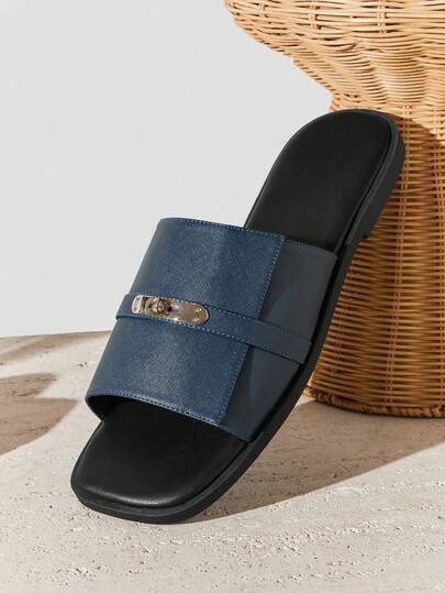 SHUZIA Men's Metal Buckled Reinforced PU Heavy Duty Comfortable Slide Sandals Valentine's Day