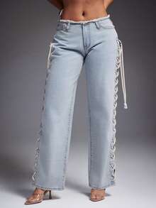 Denimoi Low Rise Lace Up Side Jeans Low Rise Jeans Sexy Jeans Fashionable Streetwear Concert Outfits - Light Wash - View 3