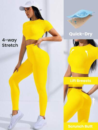 SHEIN Core Rhythm Solid Color Cropped Top And Leggings Seamless Women Sports Set, High Stretch Yellow Workout Set Yellow Active Set Yellow Yoga Set Ribbed Workout Set Seamless Workout Leggings Yellow Activewear Set