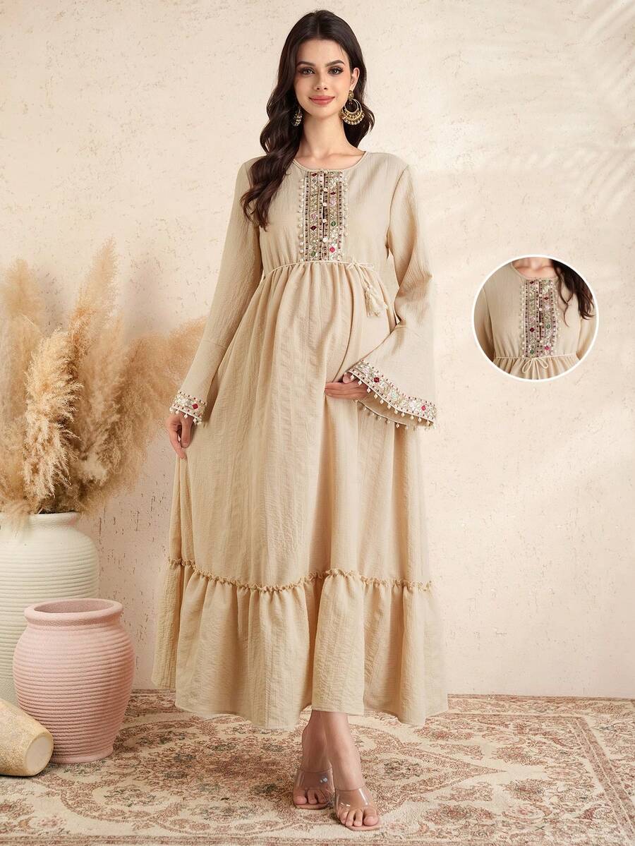 Momance Women's Solid Color Open Front Long Elegant Dress With Pearl Ribbon And Button Decor, Maternity Friendly - Apricot - View 1