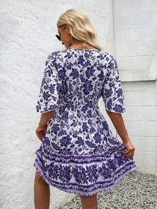 Breezaya Women's V-Neck Batwing Sleeve Summer Casual Holiday Dress With Blue And White Porcelain Print, Elastic Waist And A-Line Dress Vacation Beach Outfit - Lilac Purple - View 2