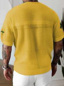 Manfinity Homme Men's Summer Vacation Numeric Flocked V-Neck Short Sleeve Knit Top Crochet Jersey Football Jersey Men Number Jersey Knit Jersey Jamaica Jersey - Yellow - View 2