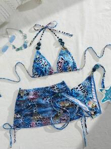 Swim SXY 3件套性感豹纹露背吊带三角比基尼套装，配豹纹网纱抽绳迷你裙，夏季度假 - 彩色 - 查看 4