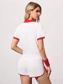 Gameset SHEIN Sport 女士网球拍印花 Polo 衫和短裤运动套装 - 彩色 - 查看 2