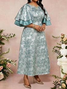 Fleurora 大码碎花圆领优雅短袖连衣裙 - 薄荷綠 - 查看 4