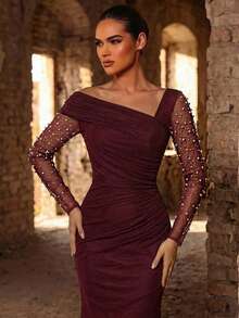 Glamrae Elegant Luxurious Pearl & Rhinestone Mesh Splice Ruched Fishtail Dress, Suitable For Weddings, Parties, Vacations, Galas, Evening Formal Occasions - Burgundy - View 3