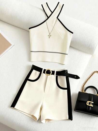 Franclia Pantalones cortos sueltos y elegantes para mujer, diseño de bloques de color negro y beige, para usar en verano