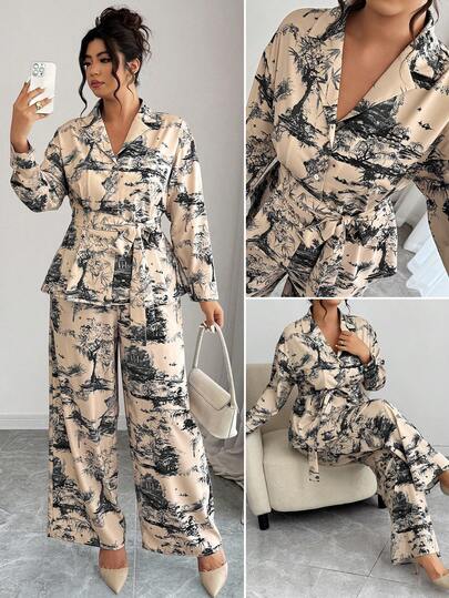 Elenzga 大码优雅印花纽扣衬衫和裤子两件套，秋季款