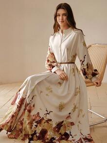 MOTF Soiréza 女士优雅修身长袖衬衫裙 – 立领，前开襟长款连衣裙 | 渐变随机花卉图案，可拆卸腰带鸡尾酒裙 | 完美适用于婚礼、派对和节日活动 - 藕粉色 - 查看 6