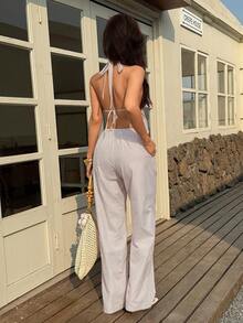 Sunnyshic Bộ 2 món gồm áo hai dây cổ chữ V kẻ sọc và quần ống rộng cạp chun, kiểu dáng thường ngày, đa năng, phù hợp cho kỳ nghỉ, mùa xuân/hè. - màu nâu - Xem 2