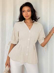 SHEIN Clasi 女士夏季法式短袖修身泡泡袖衬衫 - 杏色 - 查看 7