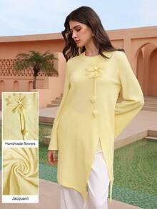 Graceveil 1pc Women's Solid Color Round Neck Textured 3D Floral Split Asymmetrical Long Sleeve T-Shirt - Yellow - View 3