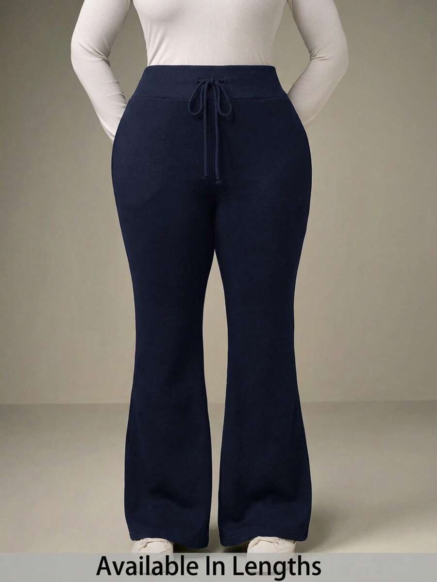 SHEIN Tall CURVE 大码休闲低腰抽绳弹力运动裤喇叭裤保暖内衬复合绒面料运动裤,适合秋冬季穿着 - 藏蓝色 - 查看 1