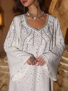 Al Najma Women's Apricot V-Neck Rhinestone Embellished Loose Fit Casual Dress - Apricot - View 4