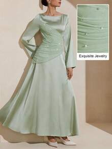 Graceveil Vestido elegante de estilo francés para mujer con cuello redondo, manga larga, volantes y decoración de rhinestones en color verde menta - Verde - Ver 3
