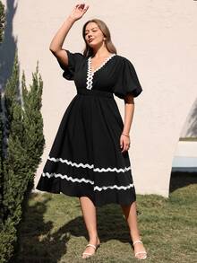 Juhart 大码女式梭织常规早春休闲舒适通勤深V短袖拼接白色蕾丝收腰长款黑色连衣裙 - 黑色 - 查看 4