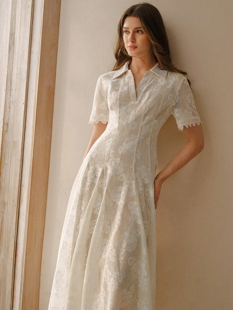 SUMMER UNIQUE LUXURY LACE CINCHED WAIST FLARED WOMEN DRESS