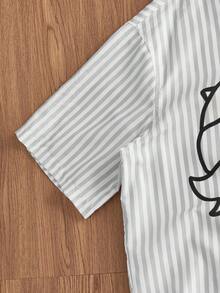 Manfinity Unisex 男士梭织休闲卡通条纹前开襟短袖衬衫，夏季 - 白色 - 查看 4