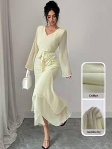 Modelyn Yellow Chiffon Mermaid Hem Dress - Light Yellow - View 4