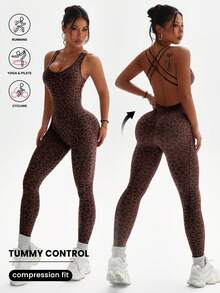 Dewbera H1202 Brown Leopard Print Elastic Criss-Cross Backless Seamless Sports Jumpsuit - Brown - View 1