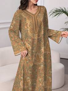 Al Najma Women's Elegant V-Neck Long Sleeve Floral Print Maxi Dress, Suitable For Spring And Summer - Multicolor - View 3