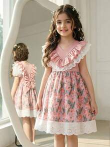 SHEIN 少女碎花V领荷叶边下摆休闲连衣裙 - 彩色 - 查看 2