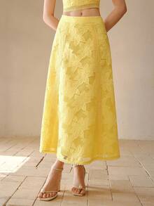 MOTF PREMIUM WOMEN'S HIGH WAIST LOOSE A-LINE HOLLOW OUT EMBROIDERY SKIRT, ELEGANT AND SLIMMING, SUMMER - Yellow - View 5