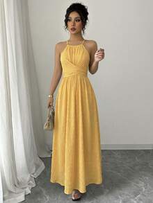 Elenzga Women's Solid Color Spaghetti Strap Cinched Waist A-Line Dress,Textured Fabric,Knee-Length,Yellow,Summer,Tropical,Garden Party,Vacation,Simple Design - Yellow - View 6